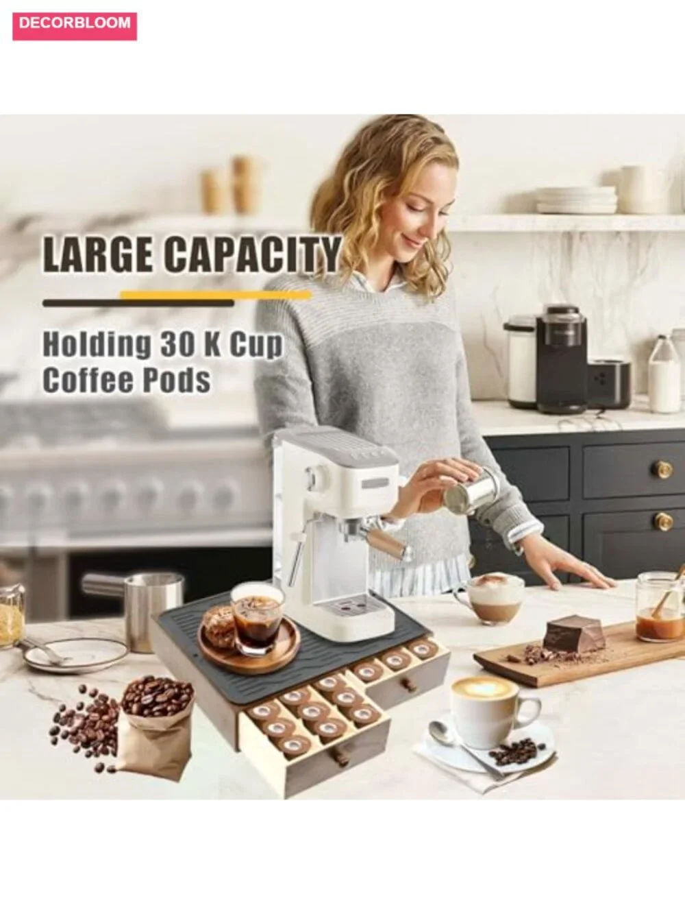Wood Coffee Pod Holder Organizer Countertop Storage for 30 Pods with Non-Slip